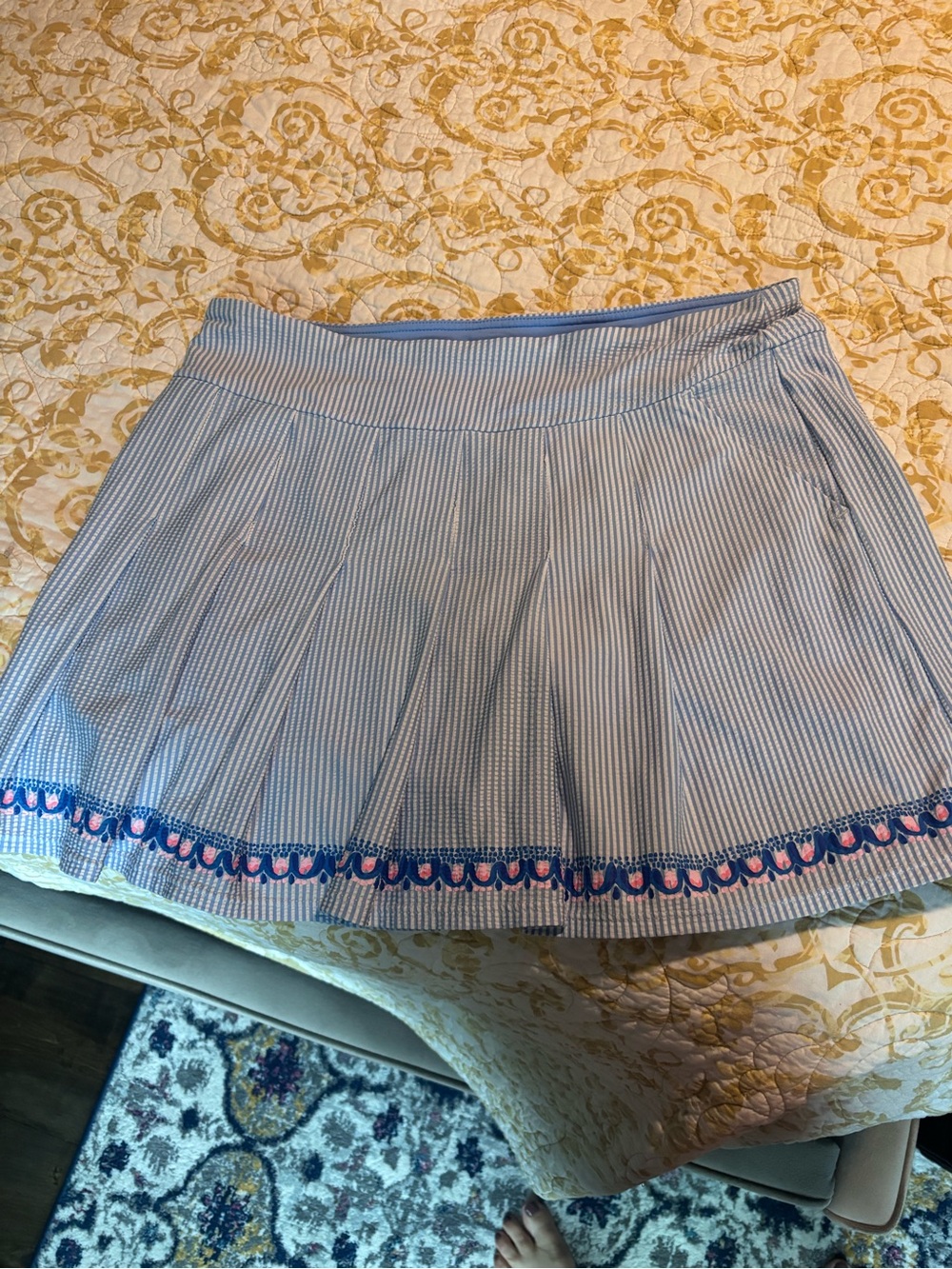Lilly Pulitzer Blue & White Striped Pleated golf pickleball Skirt with Pink Trim